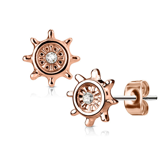 1 Paar Ohrstecker STEUERRAD - 316L Chirurgenstahl in Rose Gold - Ohrschmuck für normale Ohrlöcher