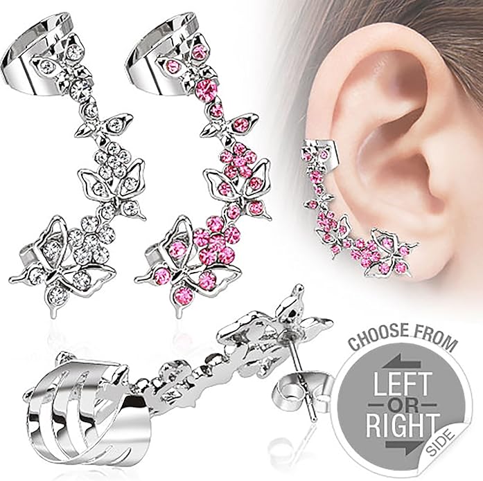 Ear Cuff BUTTERFLY - 316L Chirurgenstahl in Silber mit Kristallen - Ohrschmuck