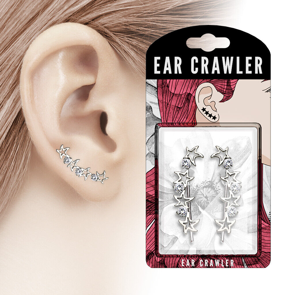 1 Paar Ear Crawler CRYSTAL STAR - Messing mit Rhodium-Überzug und Kristallen in Weiss - Ohrschmuck