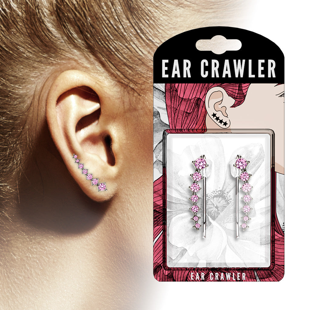 1 Paar Ear Crawler KRISTALLBOGEN - Messing mit Rhodium-Überzug und Kristallen in Rosa - Ohrschmuck