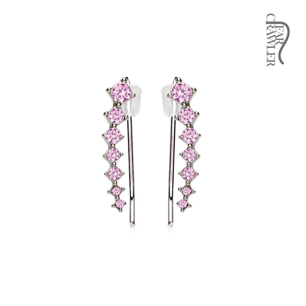 1 Paar Ear Crawler KRISTALLBOGEN - Messing mit Rhodium-Überzug und Kristallen in Rosa - Ohrschmuck