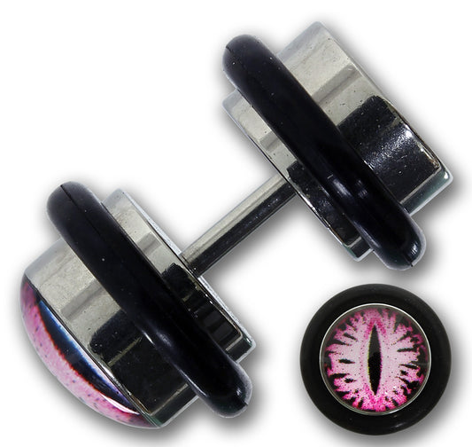 Fake Plug PINK CAT EYE - 316L Chirurgenstahl - Cheater Picture Plug - 1,2 x 4,5 mm