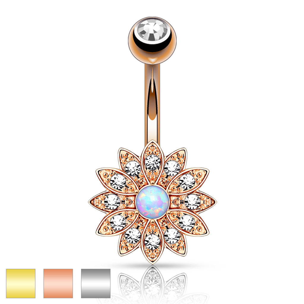 Bauchnabelpiercing PETITE CRYSTAL PAVED FLOWER aus 316L Chirurgenstahl mit Opal - Navel Piercing