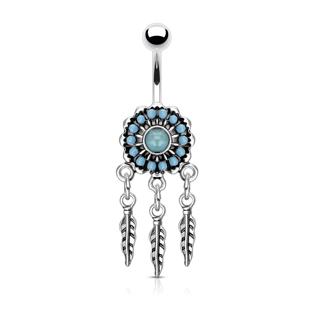 Bauchnabelpiercing TURQUOISE PAVED DREAMCATCHER aus 316L Chirurgenstahl - Navel Piercing