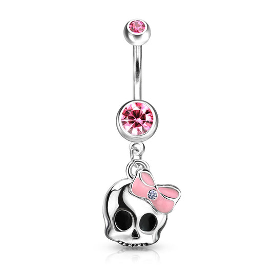 Bauchnabelpiercing CUTE SKULL aus 316L Chirurgenstahl - rosa Kristalle - Navel Piercing