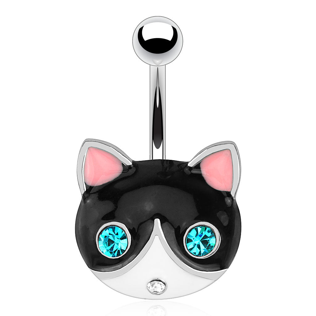 Bauchnabelpiercing BLACK CAT FACE aus 316L Chirurgenstahl - grüne Kristalle - Navel Piercing