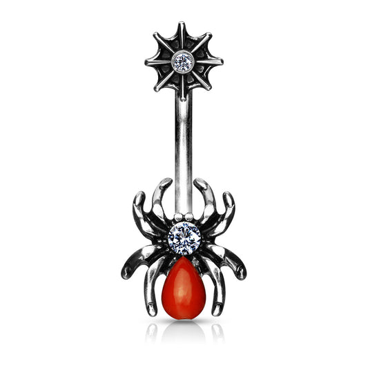 Bauchnabelpiercing RED SPIDER AND WEB aus 316L Chirurgenstahl - klare Kristalle - Navel Piercing