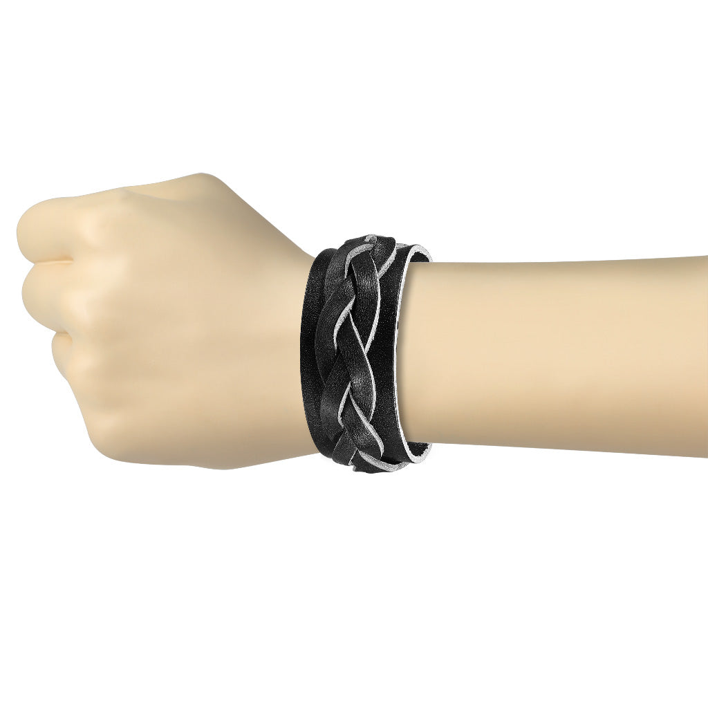 Armband - geflochtenes Leder in Schwarz - mit Druckknöpfen - Lederarmband