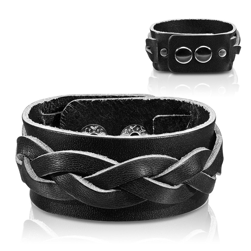 Armband - geflochtenes Leder in Schwarz - mit Druckknöpfen - Lederarmband