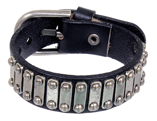 Armband - Leder in Schwarz - mit schmalen Metallplatten und Schnallenverschluß - Lederarmband