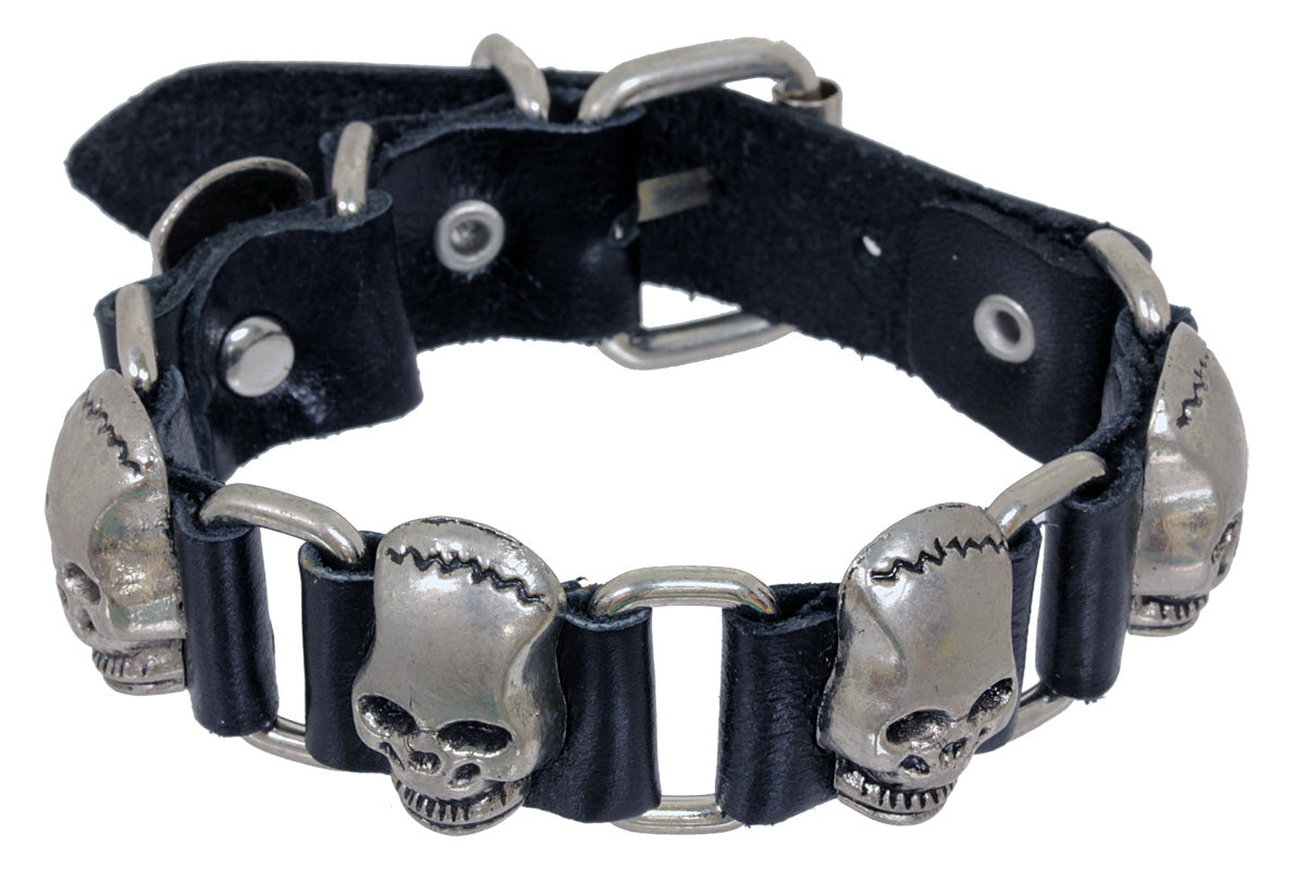 Armband - Leder in Schwarz - mit Frankenstein-Totenköpfen und Schnallenverschluß - Lederarmband