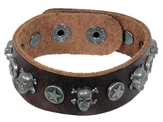 Armband - Leder in Braun - mit Totenköpfen und Druckknopfverschluß - Lederarmband