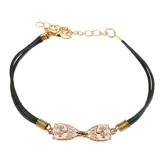 Armband - Kunstleder in Schwarz - mit Vintage-Eulen in Rose Gold und Karabinerverschluß - Lederarmband