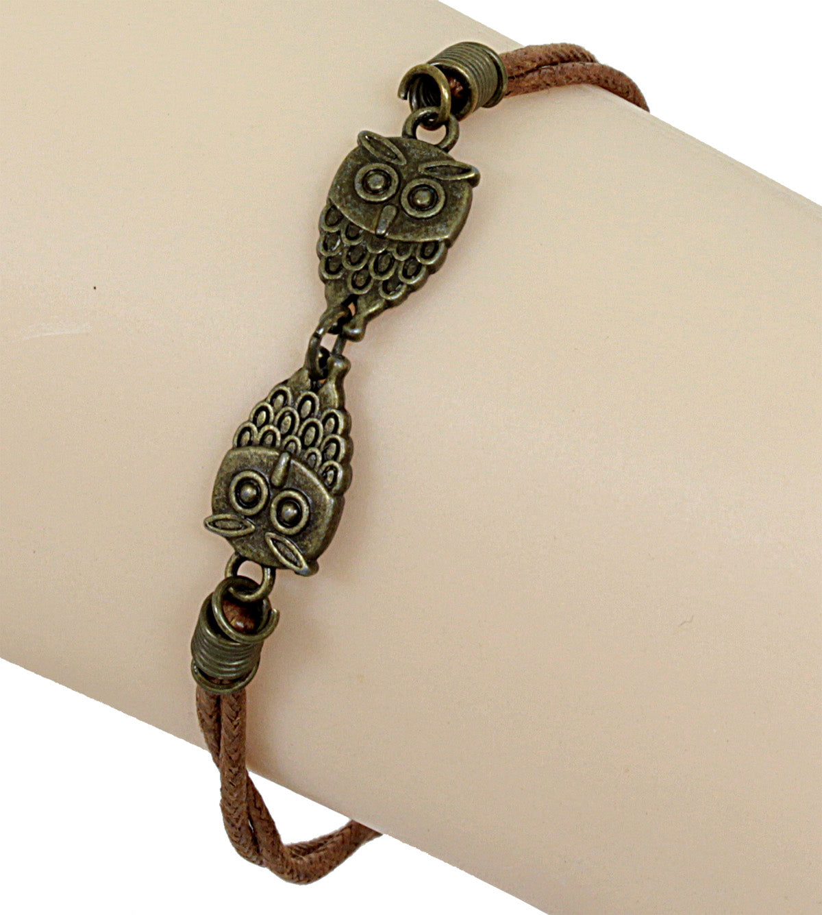 Armband - Kunstleder in Braun - mit Vintage-Eulen in Messingfarben und Karabinerverschluß - Lederarmband