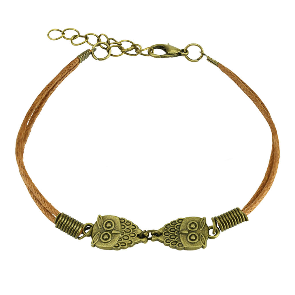 Armband - Kunstleder in Braun - mit Vintage-Eulen in Messingfarben und Karabinerverschluß - Lederarmband