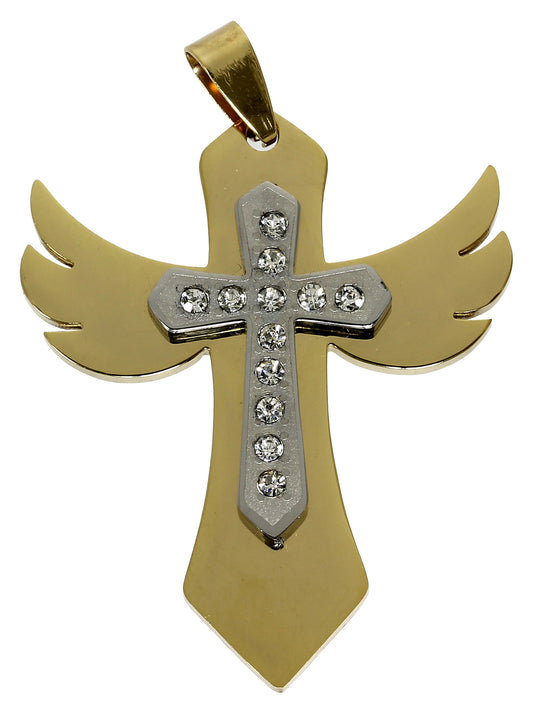 Halskette WINGED CROSS - 316L Chirurgenstahl vergoldet - Anhänger 4,6 cm Kreuz mit Flügeln