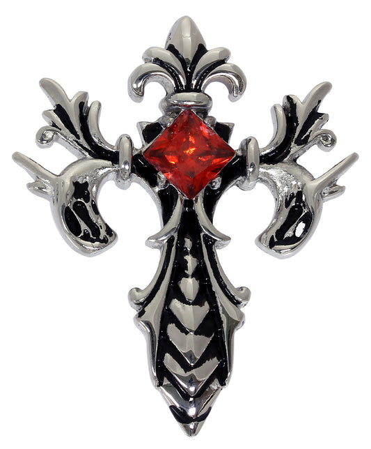 Halskette FLEUR DE LIS KREUZ - Edelstahl mit rotem Kristall - Anhänger 4,7 cm Cross hochglanzpoliert Sch